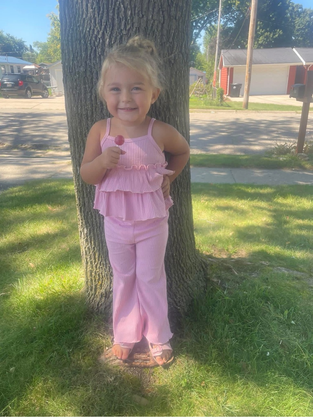 Girls Pink Ribbed Ruffle Tank & Flare Leggings Set